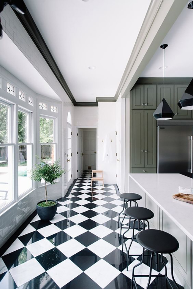 Black and white tiles from The Makerista's green kitchen 